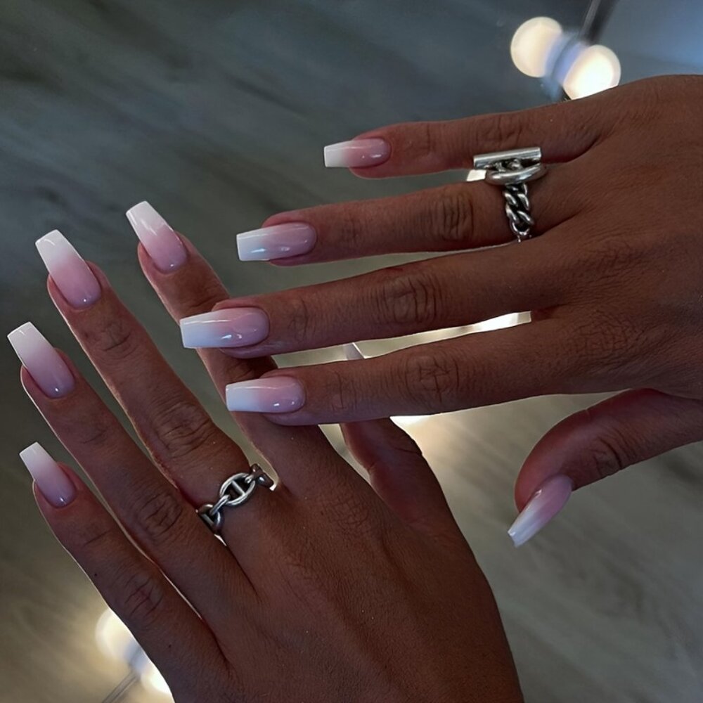 24 Pieces of Shiny Medium Ballet Press-On Nail Tips, Gradient Pink and White